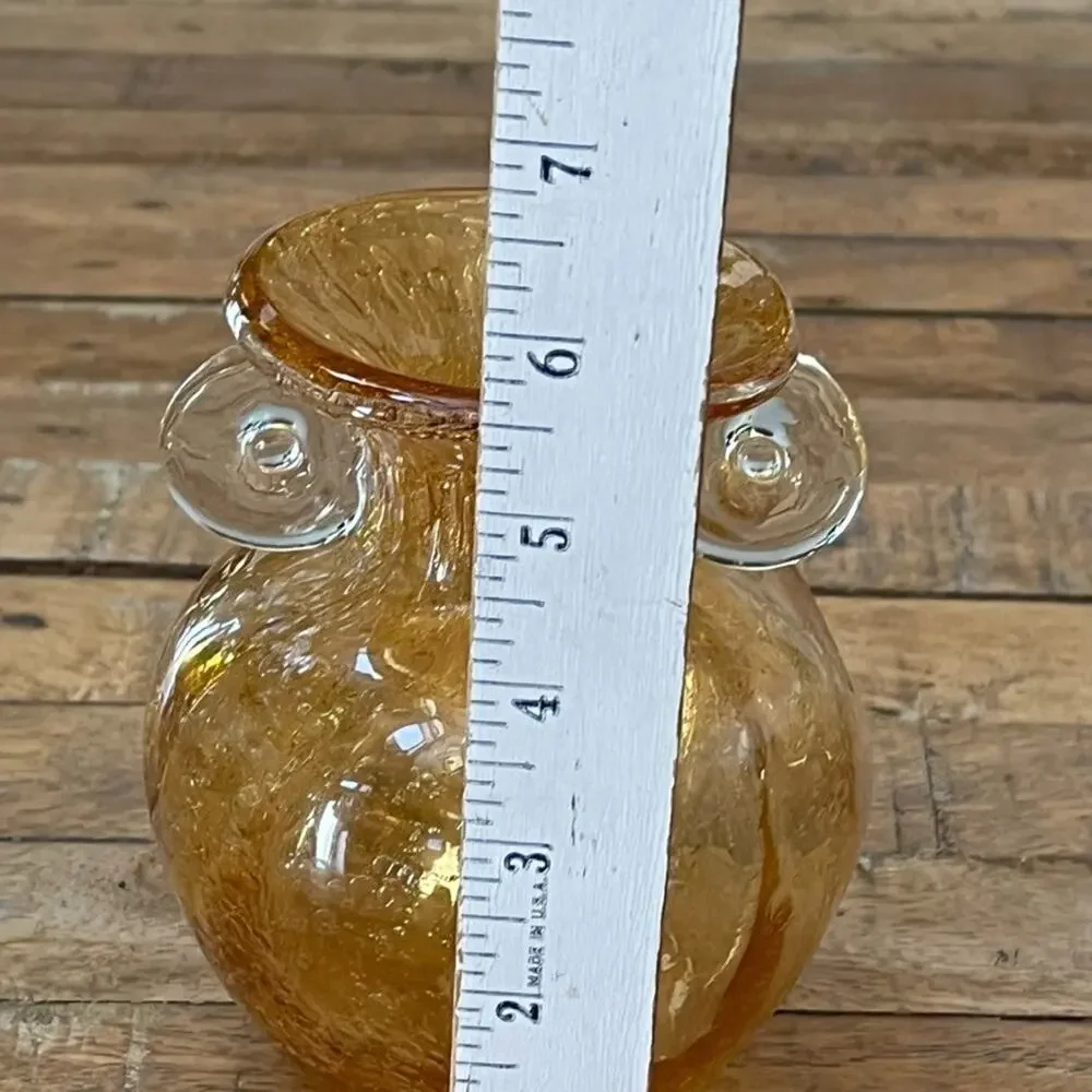 Vintage Hand Blown Glass Vase 5.5 in Amber Yellow Bubble Design w Scroll Handles